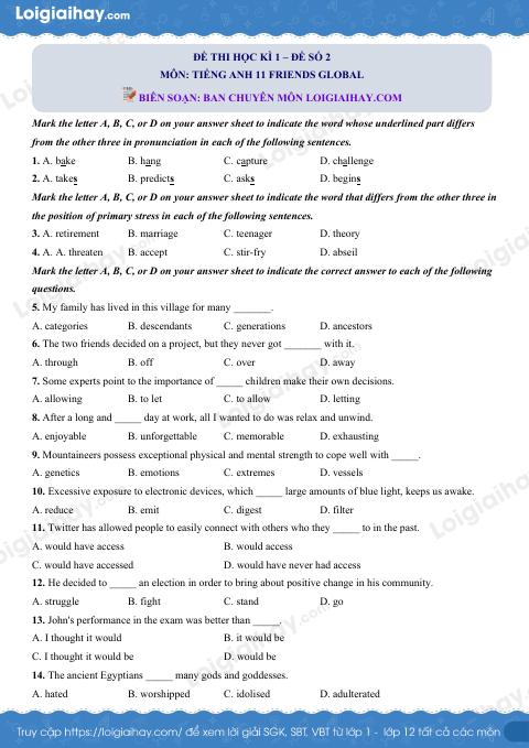 Đề thi học kì 1 Tiếng Anh 11 Friends Global - Đề số 2